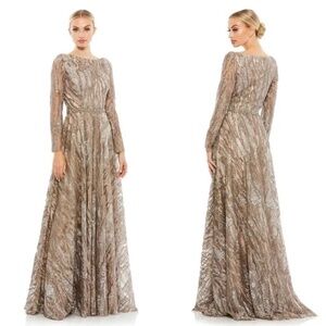 NWT Mac Duggal 79261 Mocha Sequin Long Sleeve Bateau A Line Gown Size 6